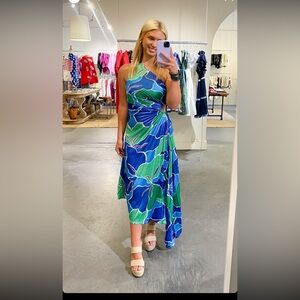 Maria Floral Midi Dress with one shoulder neckline pleated satin floral material